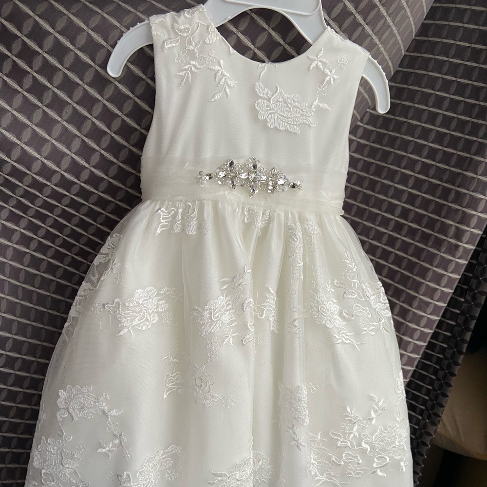 Ivory dress embroidered- rhinestone detail at waist. Baptism Christening Formal